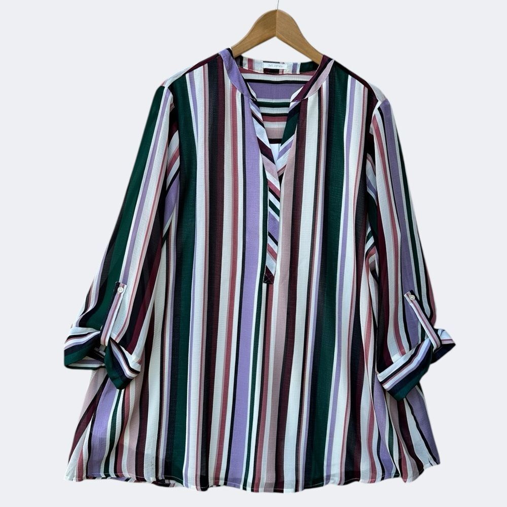 Striped V-Neck Roll-Sleeve Blouse in Green, Lavender & White